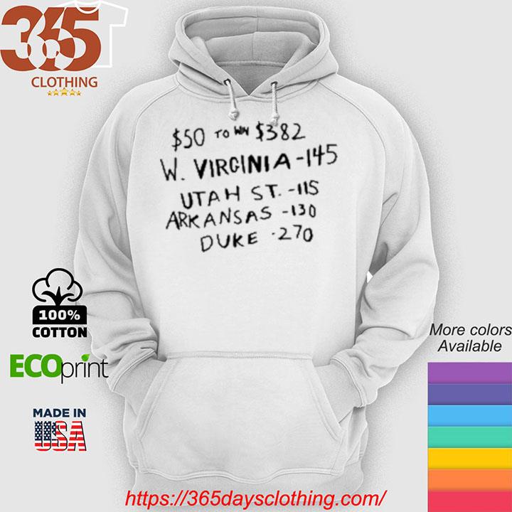 $50 To Win $382 W Virginia 145 Utah St 115 Arkansas 130 Duke 270 s hoodie