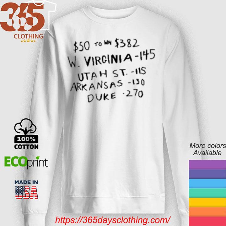 $50 To Win $382 W Virginia 145 Utah St 115 Arkansas 130 Duke 270 s sweater