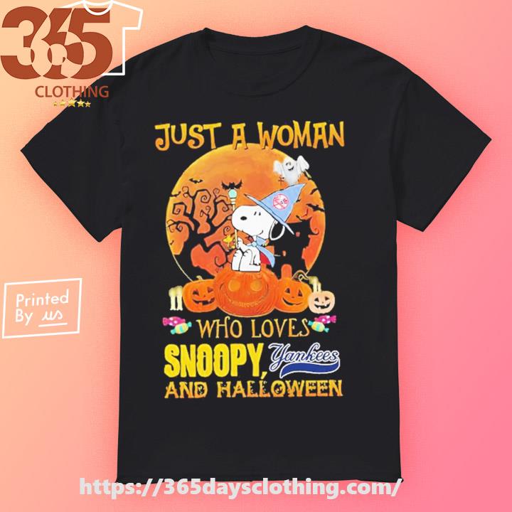 Just a woman who love snoopy Yankees and halloween shirt, hoodie, sweater,  long sleeve and tank top
