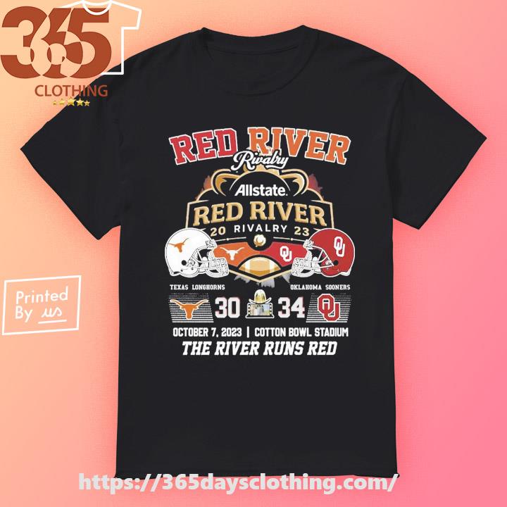 Allstate 2023 Red River Rivalry Oklahoma Sooners 34 October 7 The River Runs Red T-Shirt